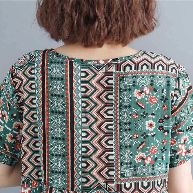 Stylish Print Cotton Linen Dresses Short Sleeve Baggy Dresses Fine O Neck Cotton Linen Dresses