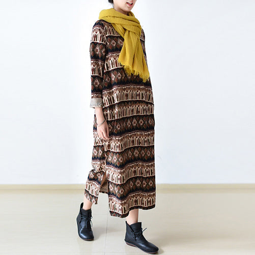 Stylish Print Striped Cotton Maxi Dress O Neck Long Cotton Dresses Linen Clothing Dress
