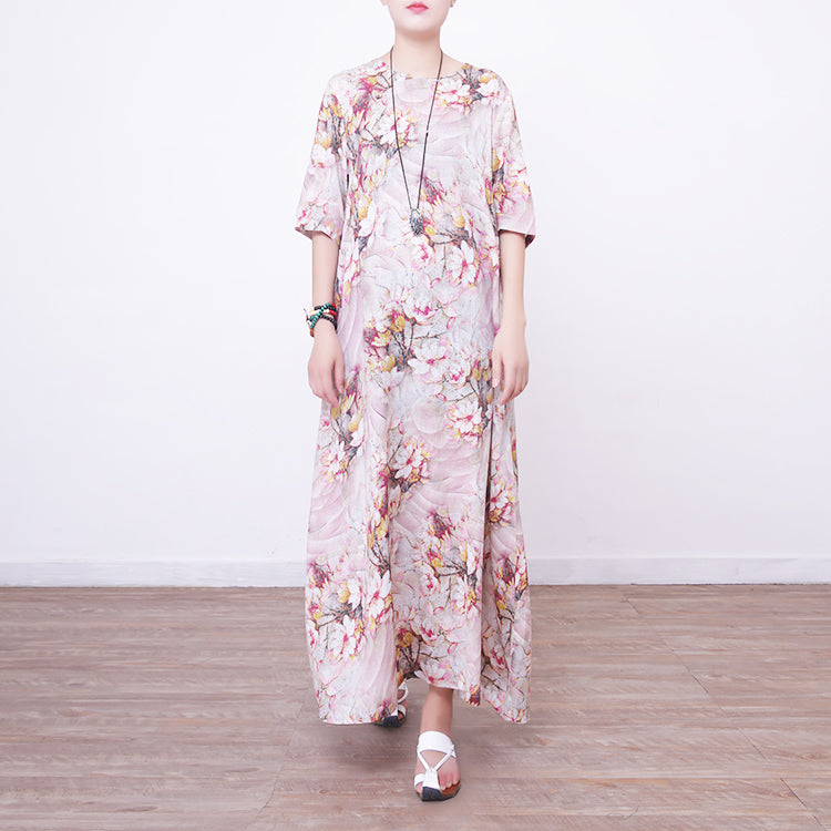 Stylish Prints Linen Maxi Dress Oversized O Neck Traveling Clothing New Half Sleeve Maxi Dresses
