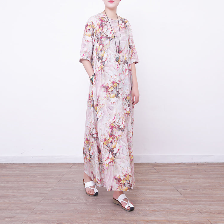 Stylish Prints Linen Maxi Dress Oversized O Neck Traveling Clothing New Half Sleeve Maxi Dresses