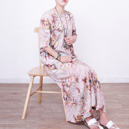 Stylish Prints Linen Maxi Dress Oversized O Neck Traveling Clothing New Half Sleeve Maxi Dresses