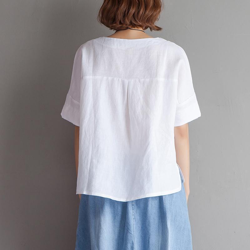 Stylish Pure Cotton Linen Blouse Oversized Embroidery High-low Hem Summer Short Sleeve White Blouse