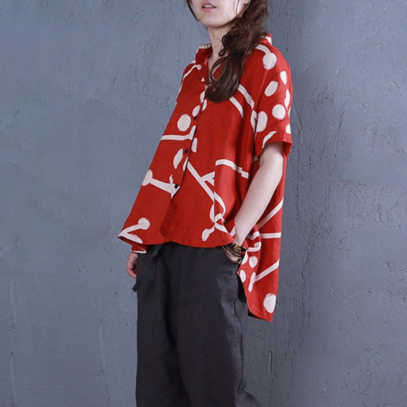 Stylish Pure Linen Tops Oversized Stand Collar Printed Single Breasted Red Blouse