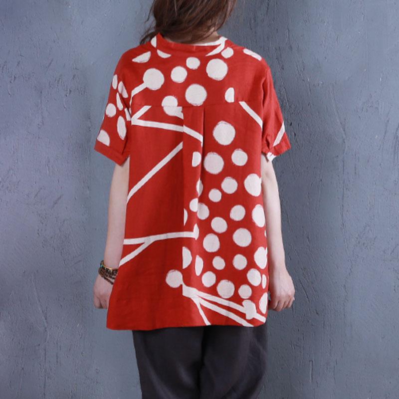 Stylish Pure Linen Tops Oversized Stand Collar Printed Single Breasted Red Blouse