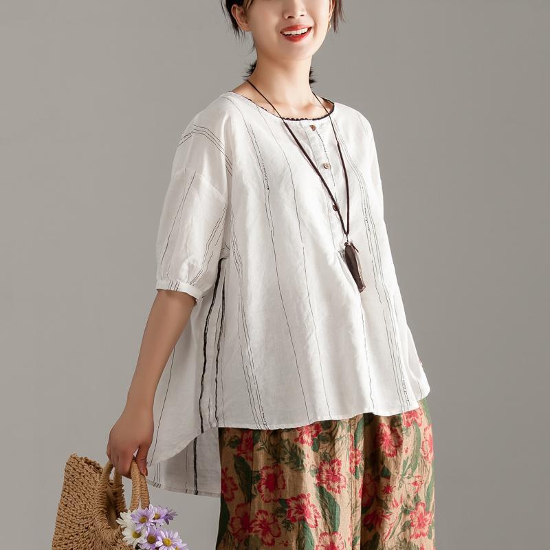 Stylish Pure Linen Tops Round Neck Half Sleeve Stripe Pullover Blouse