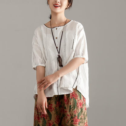 Stylish Pure Linen Tops Round Neck Half Sleeve Stripe Pullover Blouse
