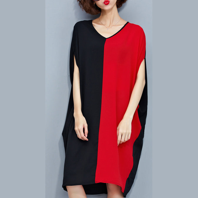 Stylish Red Black Patchwork Chiffon Polyester Dresses Traveling Clothing Fine Batwing Sleeve Clothing