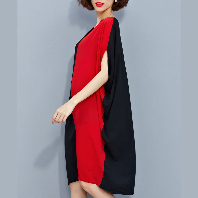 Stylish Red Black Patchwork Chiffon Polyester Dresses Traveling Clothing Fine Batwing Sleeve Clothing