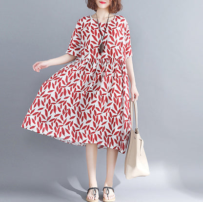 Stylish Red Cotton Knee Dress Cotton Dress Short Sleeve Baggy Dresses O Neck Print Cotton Clothing Dress