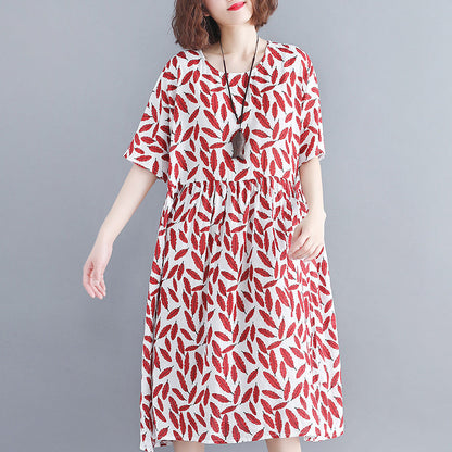 Stylish Red Cotton Knee Dress Cotton Dress Short Sleeve Baggy Dresses O Neck Print Cotton Clothing Dress