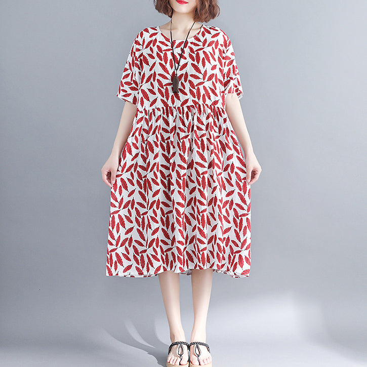 Stylish Red Cotton Knee Dress Cotton Dress Short Sleeve Baggy Dresses O Neck Print Cotton Clothing Dress