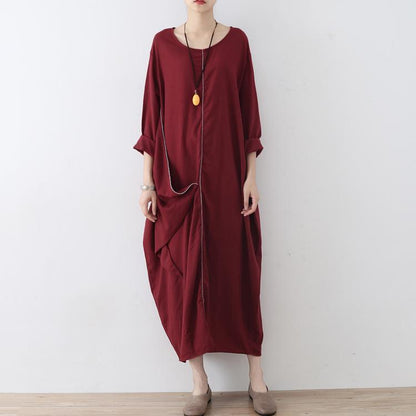 Stylish Red Linen Dress Oversize Asymmetrical Hem Traveling Clothing New Asymmetrical Zippered Kaftans