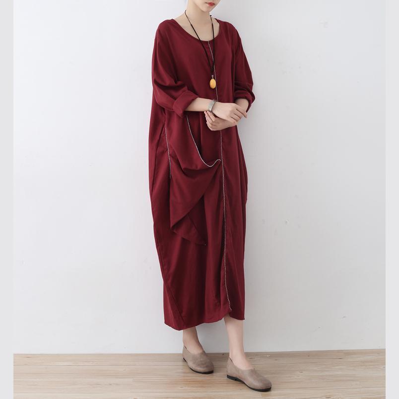 Stylish Red Linen Dress Oversize Asymmetrical Hem Traveling Clothing New Asymmetrical Zippered Kaftans