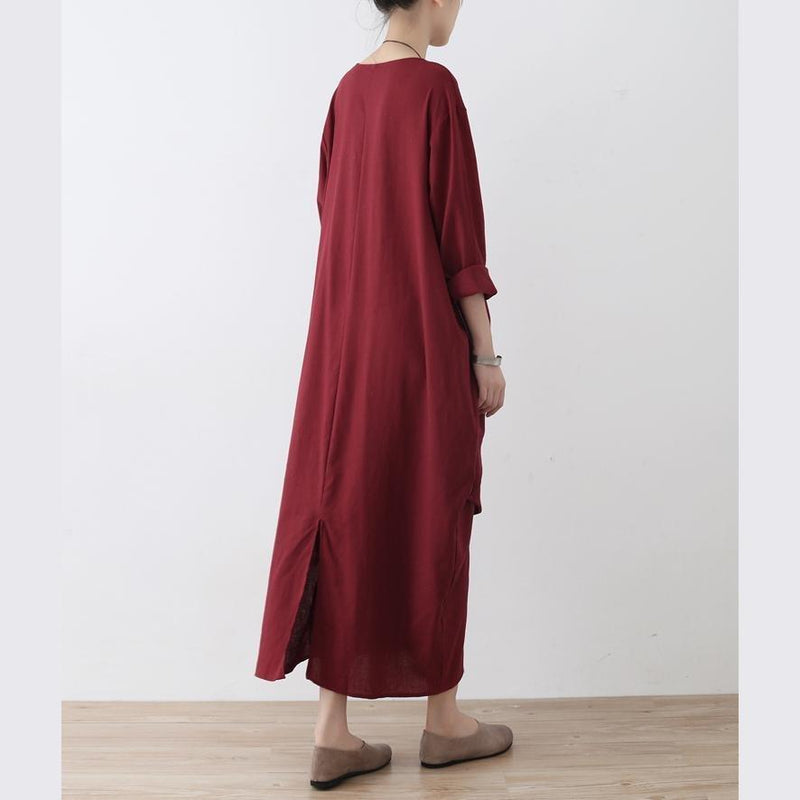 Stylish Red Linen Dress Oversize Asymmetrical Hem Traveling Clothing New Asymmetrical Zippered Kaftans