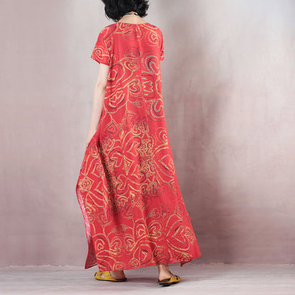 Stylish Red Linen Maxi Dress O Neck Print Traveling Clothing Short Sleeve Baggy Dresses Linen Caftans