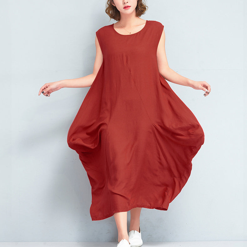 Stylish Red Long Cotton Polyester Dresses Loose Fitting Sleeveless Maxi Dress Caftans