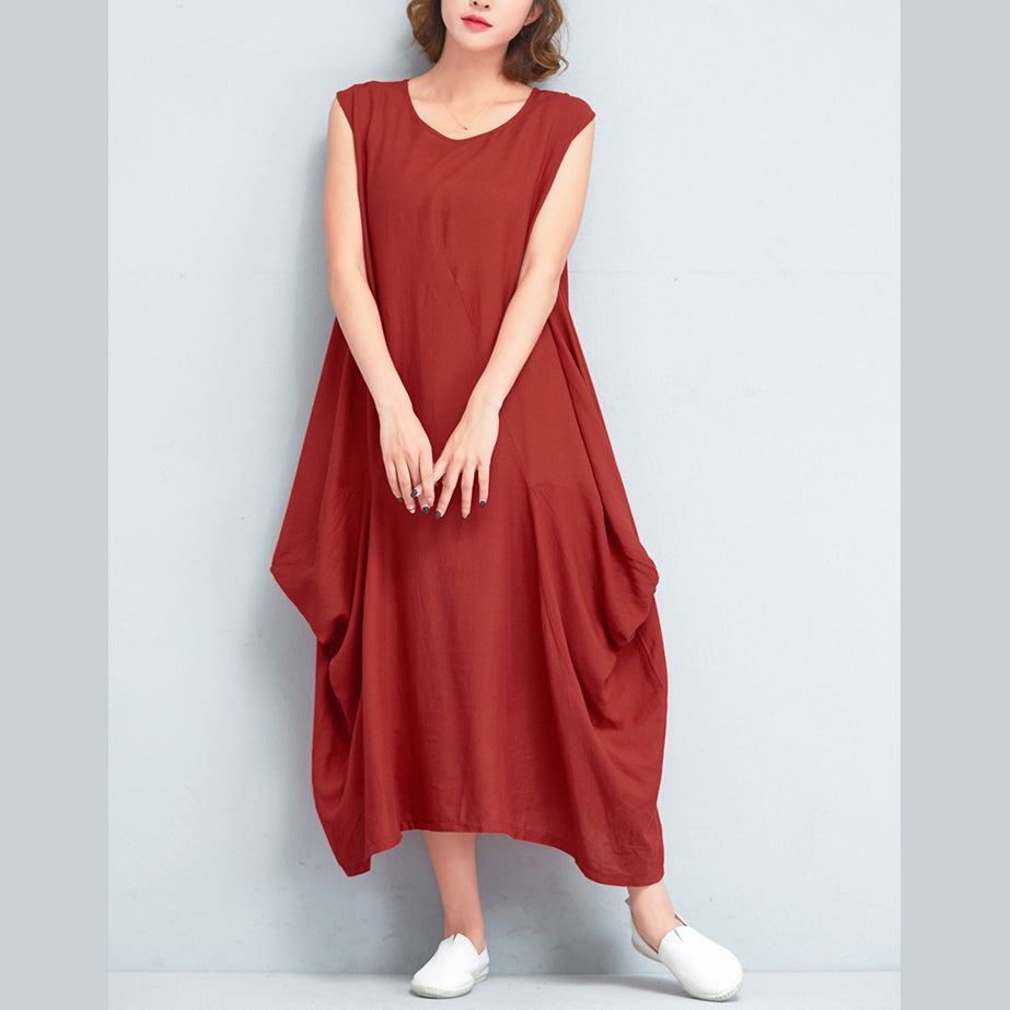 Stylish Red Long Cotton Polyester Dresses Loose Fitting Sleeveless Maxi Dress Caftans