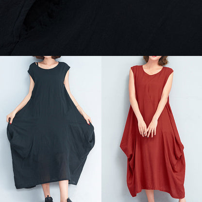 Stylish Red Long Cotton Polyester Dresses Loose Fitting Sleeveless Maxi Dress Caftans