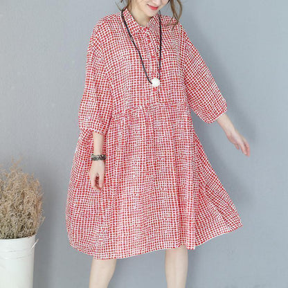 Stylish Red Plaid Cotton Dresses Traveling Clothing Lapel Collar Bracelet Sleeved Cotton Dress