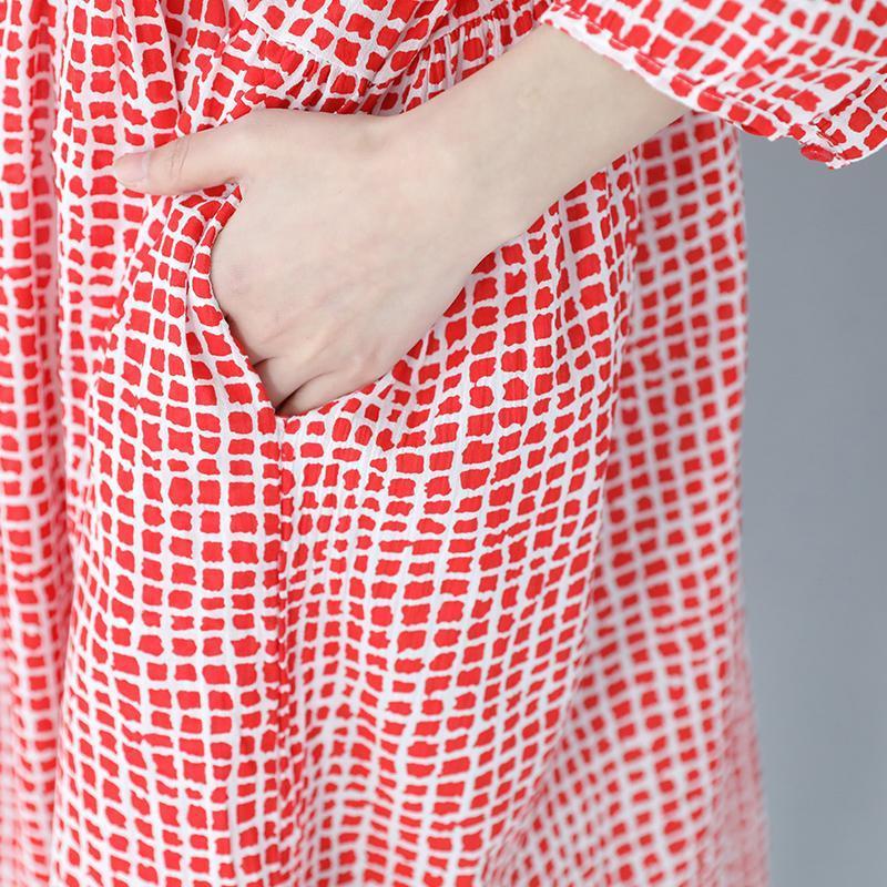 Stylish Red Plaid Cotton Dresses Traveling Clothing Lapel Collar Bracelet Sleeved Cotton Dress