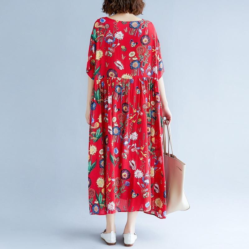 Stylish Red Print Long Cotton Linen Dresses Short Sleeve Baggy Dresses Gown O Neck Gown