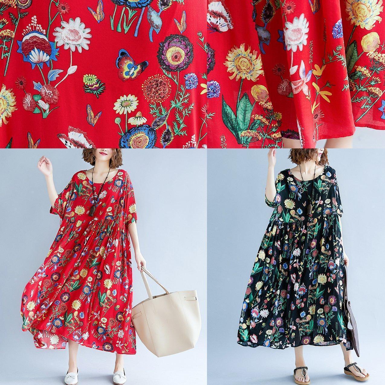 Stylish Red Print Long Cotton Linen Dresses Short Sleeve Baggy Dresses Gown O Neck Gown