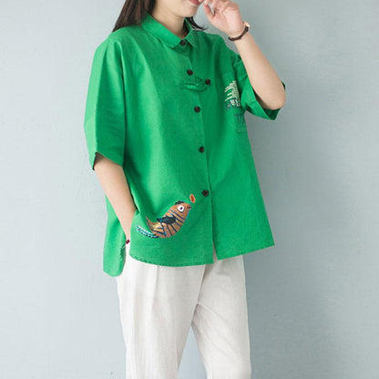 Stylish Summer Cotton Tops Polo Collar Single Breasted 12 Sleeve Green Blouse