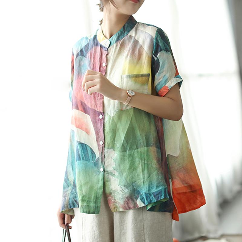 Stylish Summer Linen Blended Tops Loose Multicolor Stand Collar Blouse