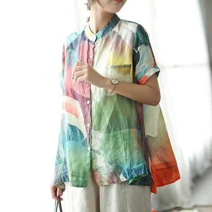 Stylish Summer Linen Blended Tops Loose Multicolor Stand Collar Blouse
