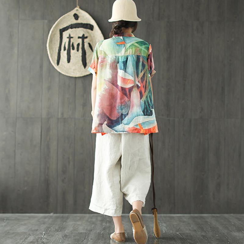Stylish Summer Linen Blended Tops Loose Multicolor Stand Collar Blouse