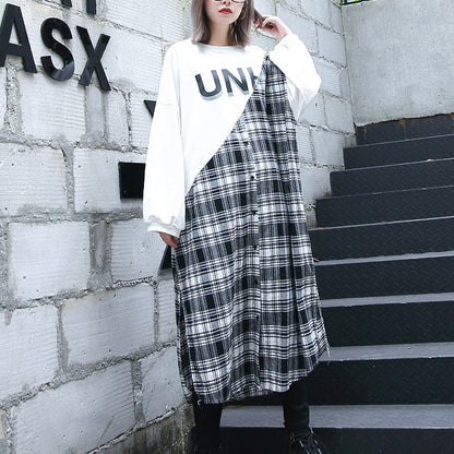 Stylish White Plaid Patchwork Cotton Blended Caftans Oversize O Neck Traveling Dress Fine Side Open Baggy Gown