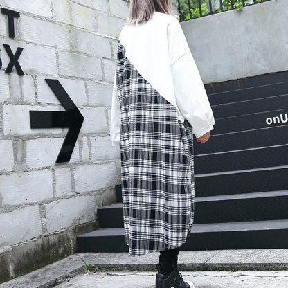 Stylish White Plaid Patchwork Cotton Blended Caftans Oversize O Neck Traveling Dress Fine Side Open Baggy Gown