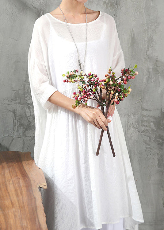 Stylish White Cotton Dress Clothing Cotton Dress New Short Sleeve Baggy Dresses O Neck Cotton Dress