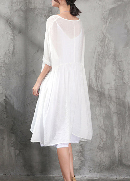 Stylish White Cotton Dress Clothing Cotton Dress New Short Sleeve Baggy Dresses O Neck Cotton Dress
