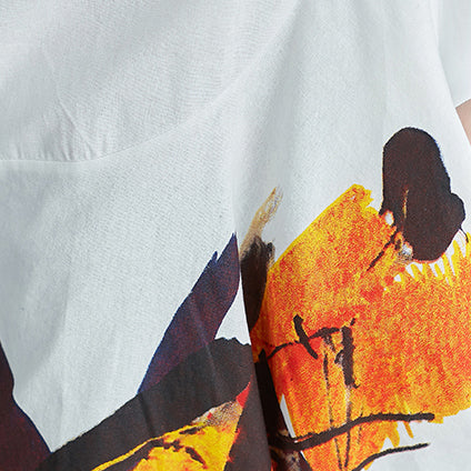 Stylish White Cotton Linen Shift Tops Half Sleeve Print Stand Natural Cotton Linen Tops