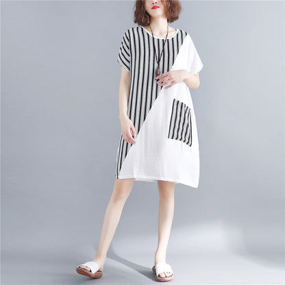 Stylish White Natural Cotton Dress Oversize Maxi Dress Short Sleeve Patchwork O Neck Dress