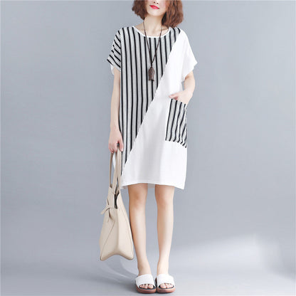 Stylish White Natural Cotton Dress Oversize Maxi Dress Short Sleeve Patchwork O Neck Dress
