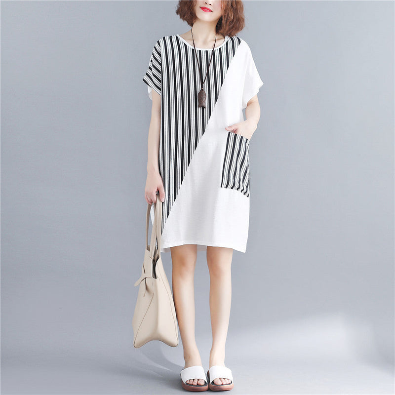 Stylish White Natural Cotton Dress Oversize Maxi Dress Short Sleeve Patchwork O Neck Dress