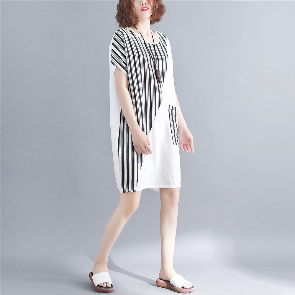 Stylish White Natural Cotton Dress Oversize Maxi Dress Short Sleeve Patchwork O Neck Dress