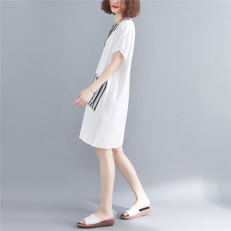 Stylish White Natural Cotton Dress Oversize Maxi Dress Short Sleeve Patchwork O Neck Dress