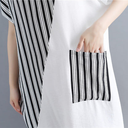 Stylish White Natural Cotton Dress Oversize Maxi Dress Short Sleeve Patchwork O Neck Dress