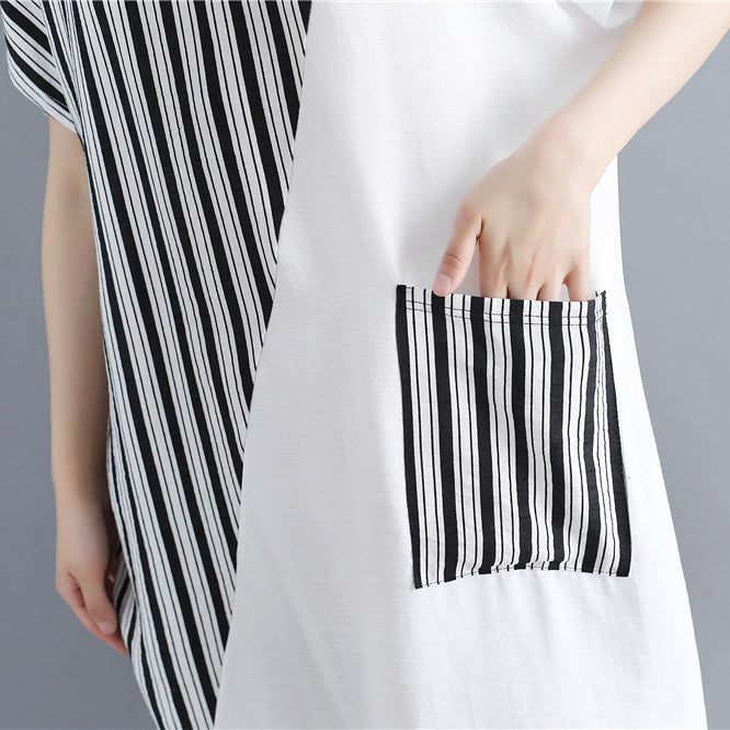 Stylish White Natural Cotton Dress Oversize Maxi Dress Short Sleeve Patchwork O Neck Dress