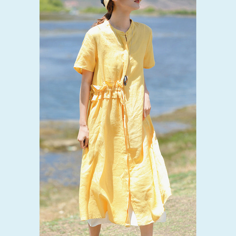 Stylish Yellow Linen Dress Clothing Stand Drawstring Linen Clothing Dresses Short Sleeve Dresses