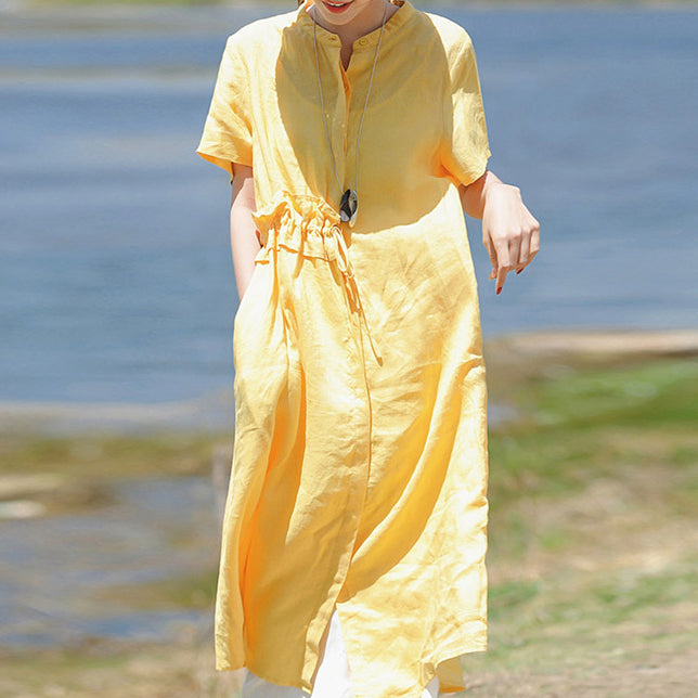 Stylish Yellow Linen Dress Clothing Stand Drawstring Linen Clothing Dresses Short Sleeve Dresses