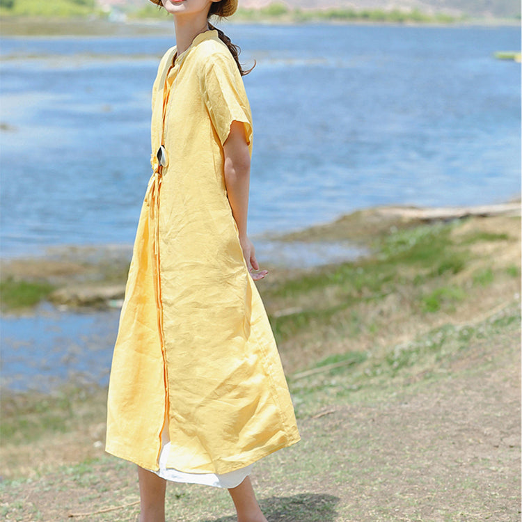 Stylish Yellow Linen Dress Clothing Stand Drawstring Linen Clothing Dresses Short Sleeve Dresses