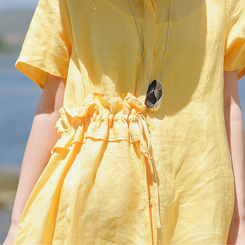 Stylish Yellow Linen Dress Clothing Stand Drawstring Linen Clothing Dresses Short Sleeve Dresses