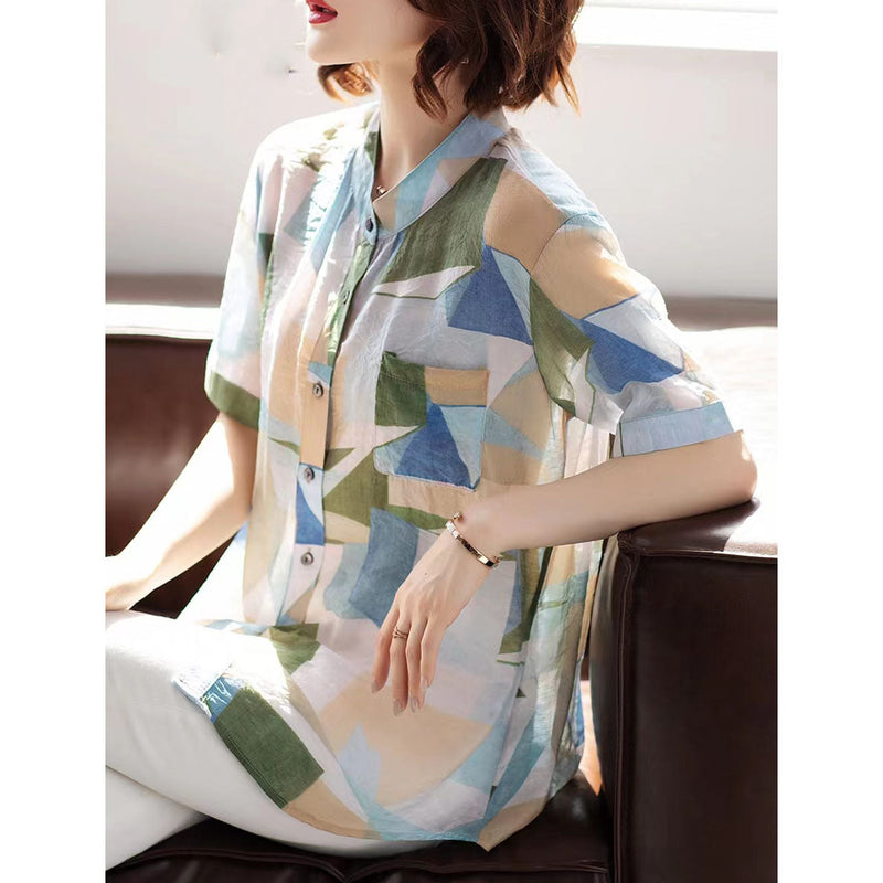 Stylish Midi Cotton Blend Pullovercasual Cotton Blend Clothing Tops Shirt Collar Short Sleeve Clothing