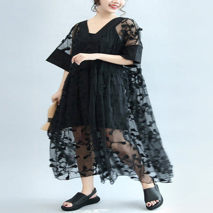 Summer Black Embroidery Lace Dresses Maxi Dress