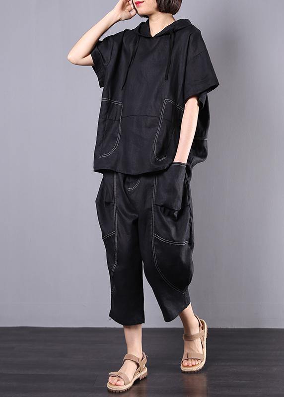 Summer Black Linen Two Pieces Hooded Blouse With Harem Pants