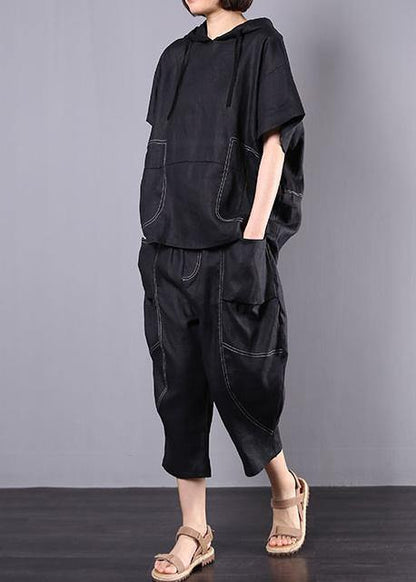 Summer Black Linen Two Pieces Hooded Blouse With Harem Pants